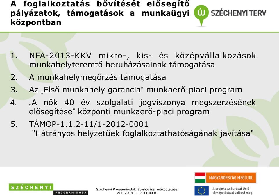 A munkahelymegőrzés támogatása 3. Az Első munkahely garancia munkaerő-piaci program 4.