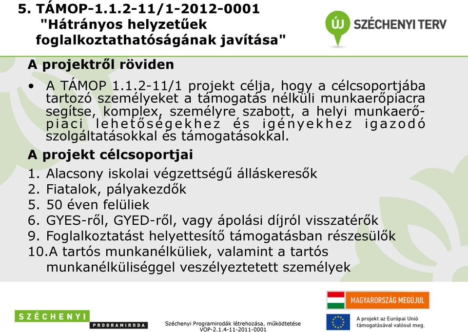 személyeket a támogatás nélküli munkaerőpiacra segítse, komplex, személyre szabott, a helyi munkaerőpiaci lehetőségekhez és igényekhez igazodó szolgáltatásokkal és