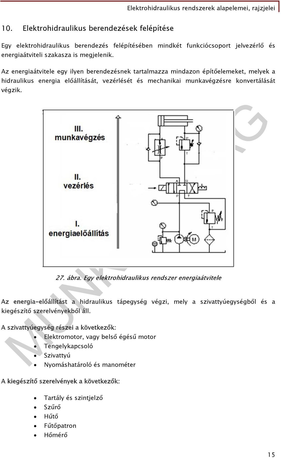 ábra. Egy elektrohidraulikus rendszer energiaátvitele Az energia-előállítást a hidraulikus tápegység végzi, mely a szivattyúegységből és a kiegészítő szerelvényekből áll.