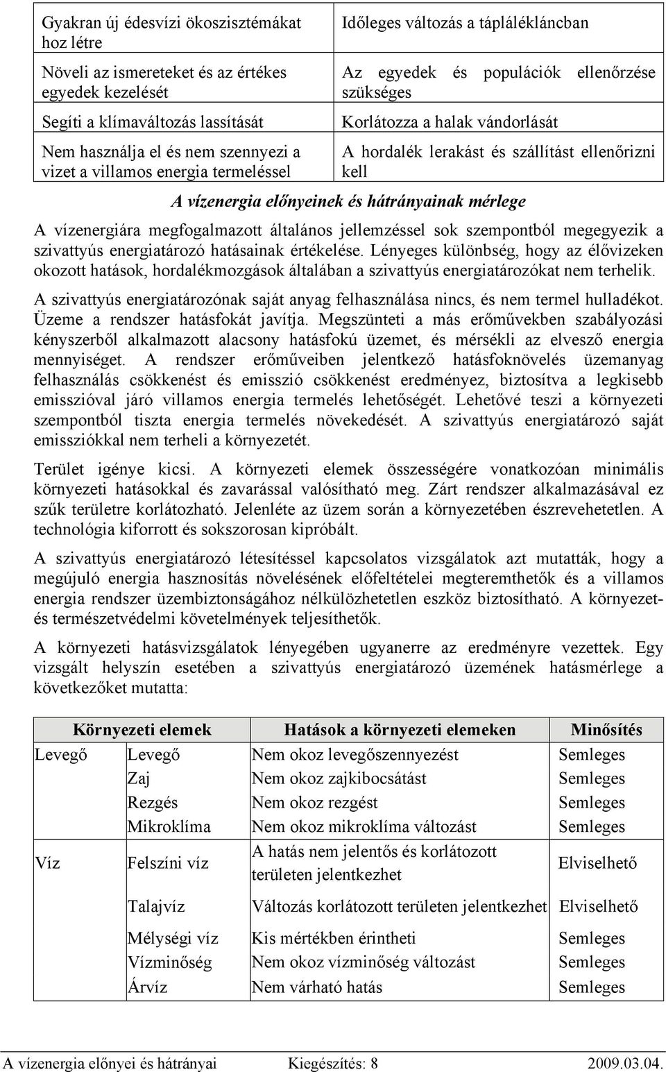 előnyeinek és hátrányainak mérlege A vízenergiára megfogalmazott általános jellemzéssel sok szempontból megegyezik a szivattyús energiatározó hatásainak értékelése.