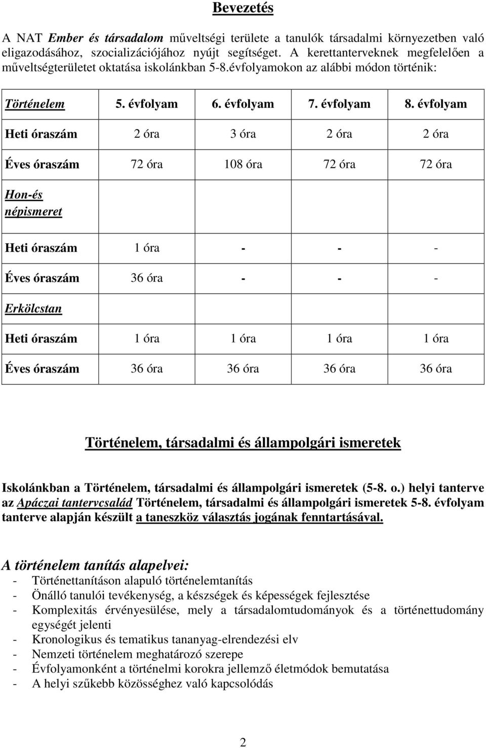 évfolyam Heti óraszám 2 óra 3 óra 2 óra 2 óra Éves óraszám 72 óra 108 óra 72 óra 72 óra Hon-és népismeret Heti óraszám 1 óra - - - Éves óraszám 36 óra - - - Erkölcstan Heti óraszám 1 óra 1 óra 1 óra