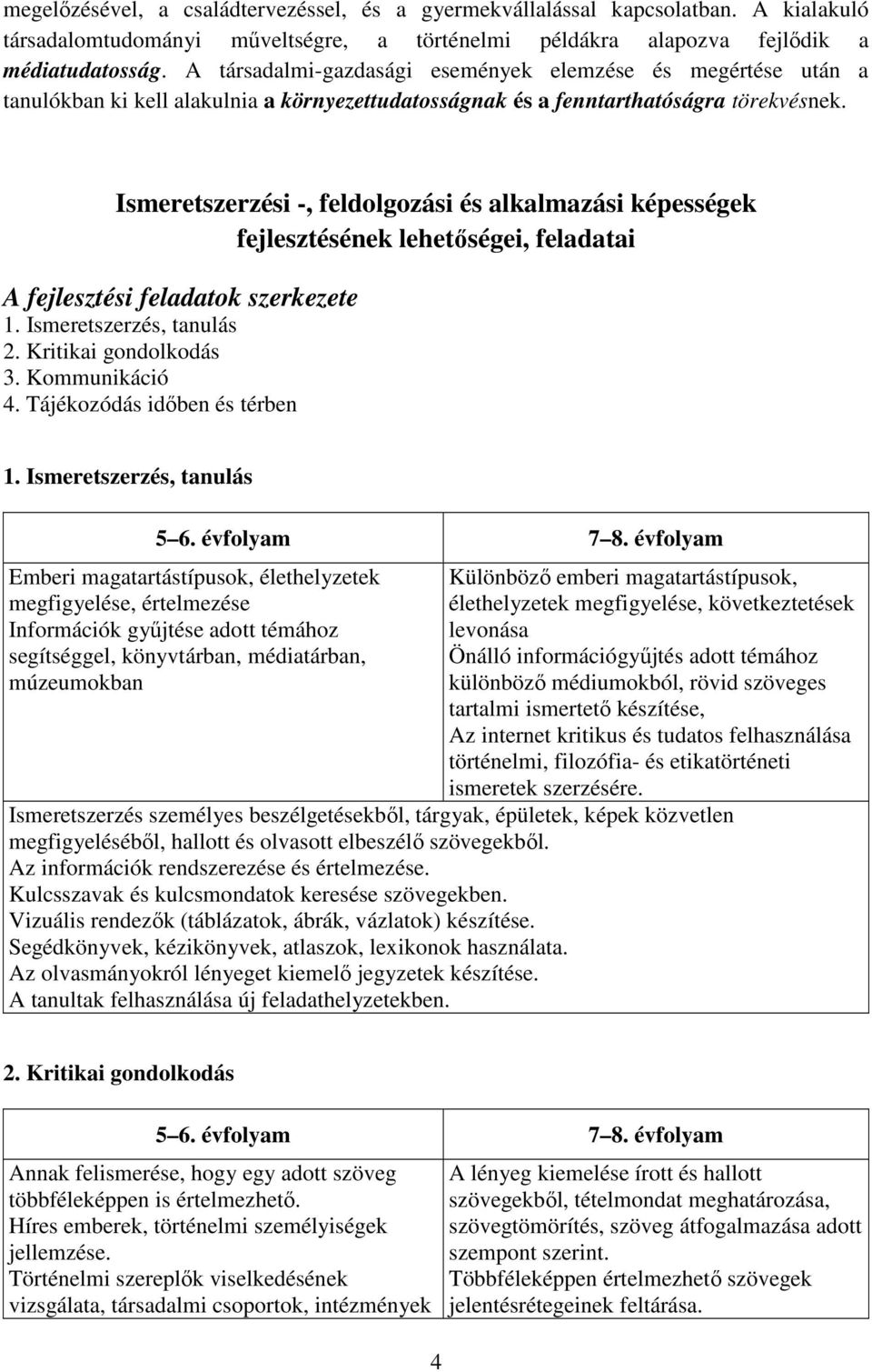 Ismeretszerzési -, feldolgozási és alkalmazási képességek fejlesztésének lehetőségei, feladatai A fejlesztési feladatok szerkezete 1. Ismeretszerzés, tanulás 2. Kritikai gondolkodás 3. Kommunikáció 4.