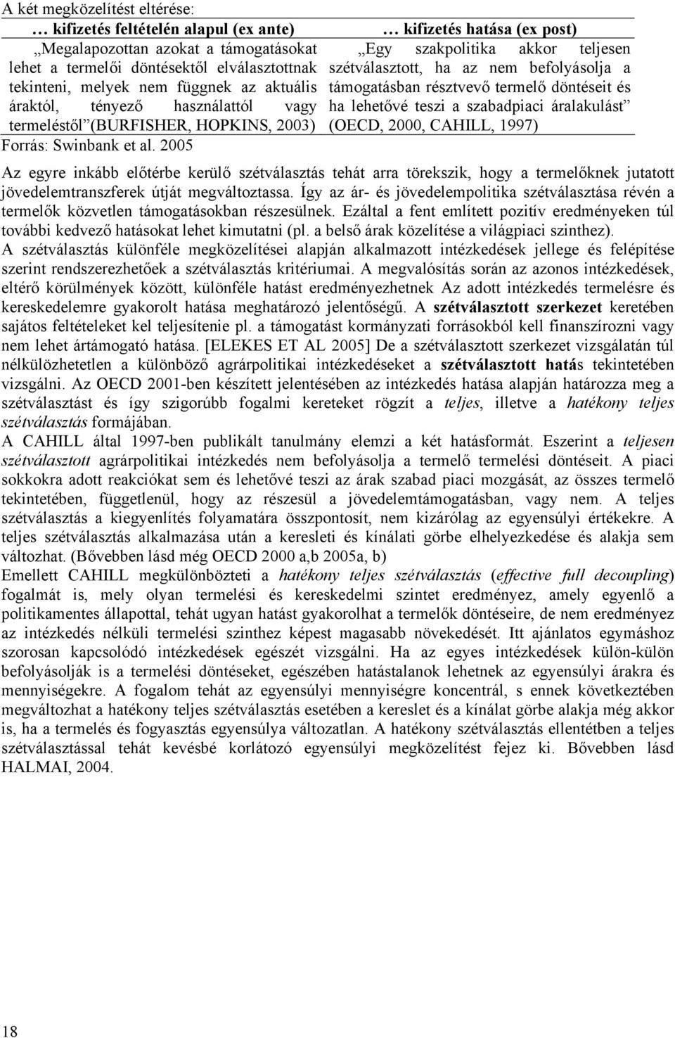 2005 kifizetés hatása (ex post) Egy szakpolitika akkor teljesen szétválasztott, ha az nem befolyásolja a támogatásban résztvevő termelő döntéseit és ha lehetővé teszi a szabadpiaci áralakulást (OECD,