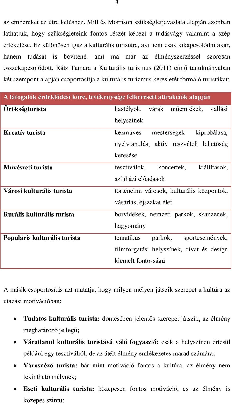 Rátz Tamara a Kulturális turizmus (2011) című tanulmányában két szempnt alapján csprtsítja a kulturális turizmus keresletét frmáló turistákat: A látgatók érdeklődési köre, tevékenysége felkeresett