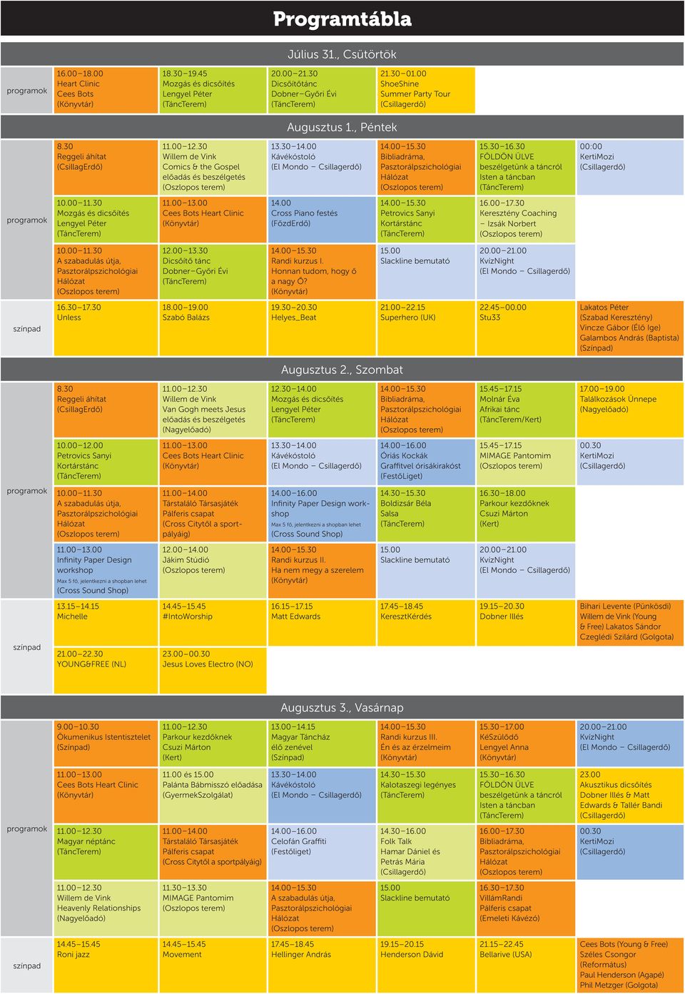 00 11.30 Mozgás és dicsőítés Cees Bots Heart Clinic 14.00 Cross Piano festés (FőzdErdő) Petrovics Sanyi Kortárstánc 16.00 17.30 Keresztény Coaching Izsák Norbert 10.00 11.30 A szabadulás útja, 12.