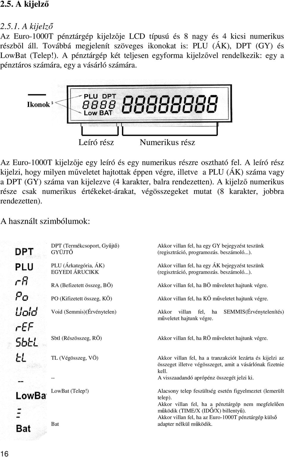 Ikonok Leíró rész Numerikus rész Az Euro-1000T kijelzője egy leíró és egy numerikus részre osztható fel.