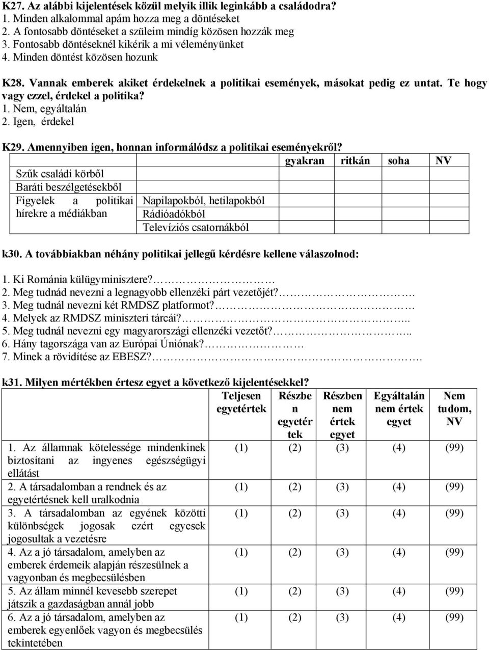 Te hogy vagy ezzel, érdekel a politika? 1. Nem, egyáltalán 2. Igen, érdekel K29. Amennyiben igen, honnan informálódsz a politikai eseményekről?