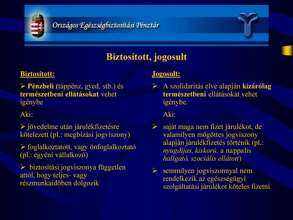 : egyéni vállalkozó) biztosítási jogviszonya független attól, hogy teljes- vagy részmunkaidőben dolgozik Jogosult: A szolidaritás elve alapján kizárólag természetbeni