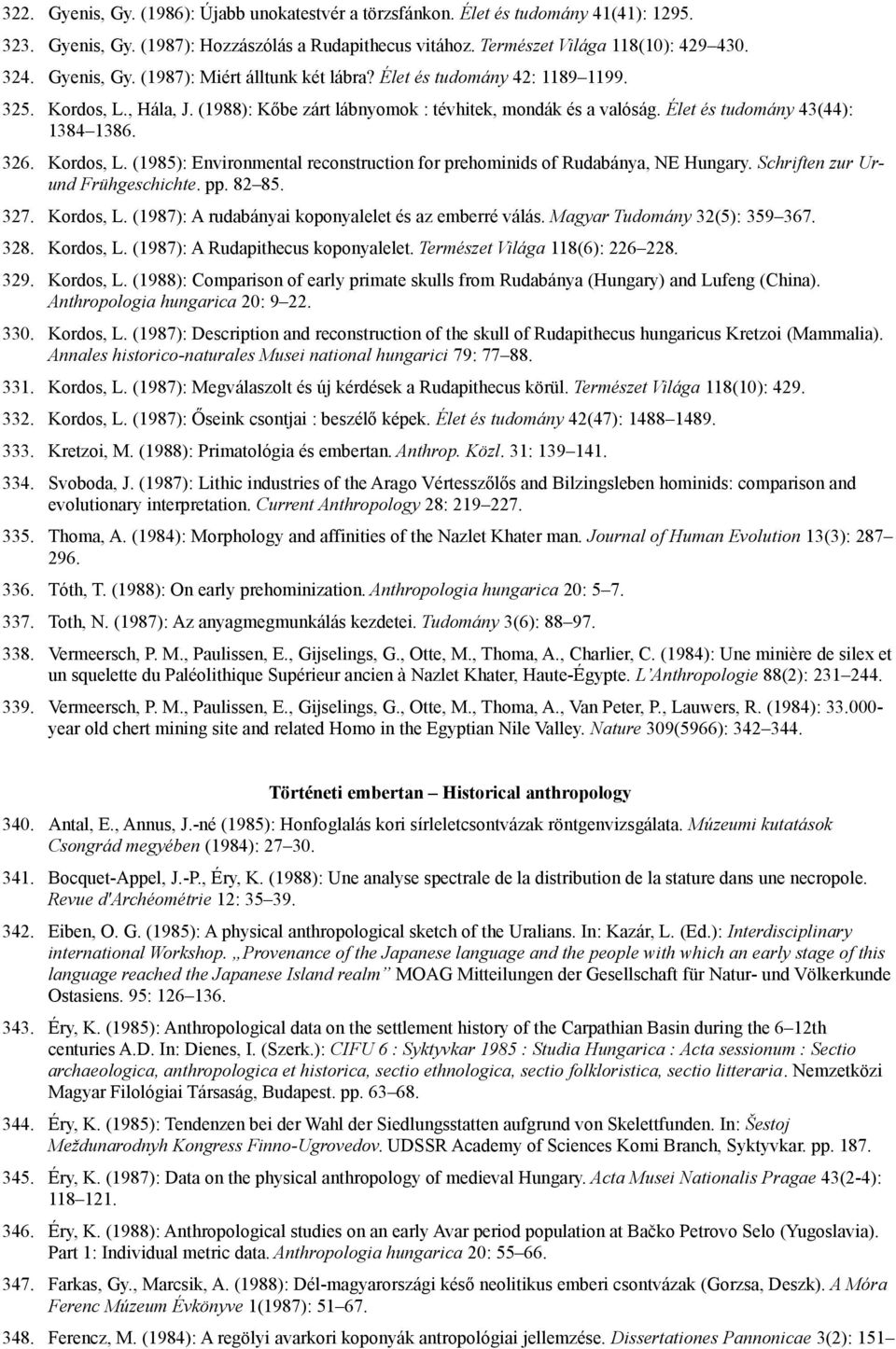 326. Kordos, L. (1985): Environmental reconstruction for prehominids of Rudabánya, NE Hungary. Schriften zur Urund Frühgeschichte. pp. 82 85. 327. Kordos, L. (1987): A rudabányai koponyalelet és az emberré válás.