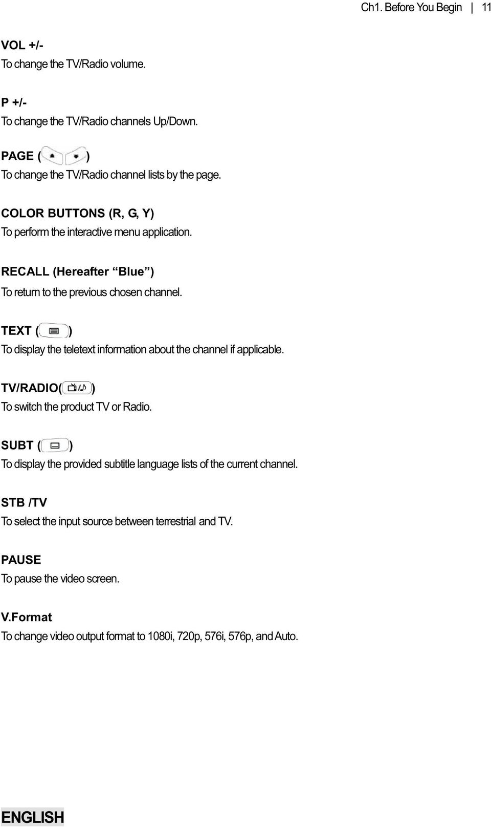 TEXT ( ) To display the teletext information about the channel if applicable. TV/RADIO( ) To switch the product TV or Radio.