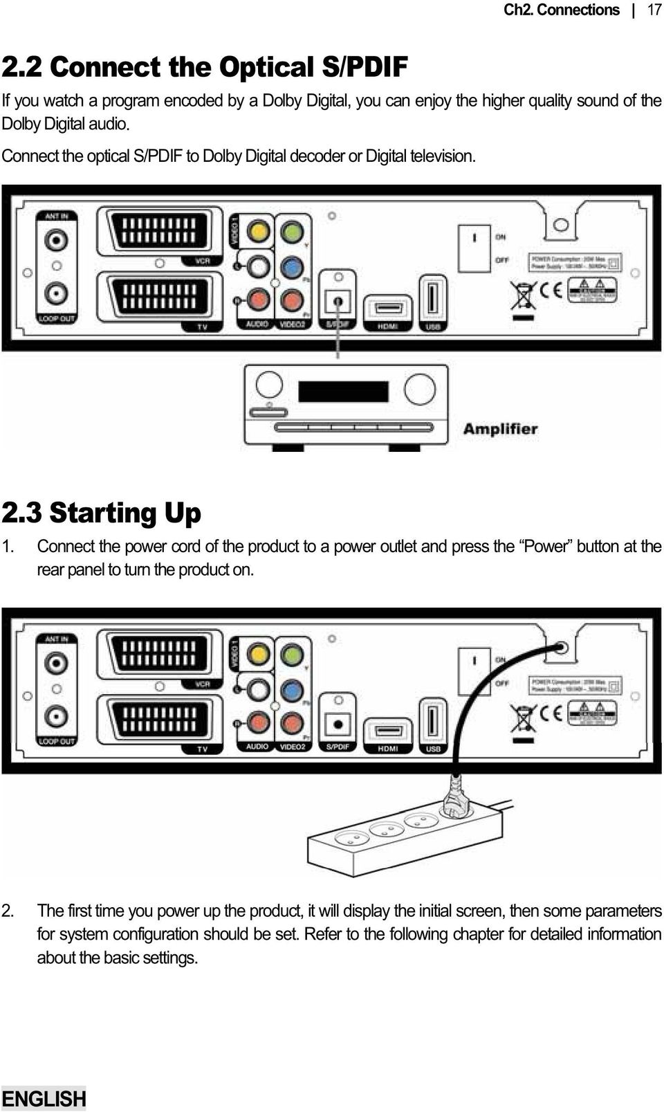 the optical S/PDIF to Dolby Digital decoder or Digital television. 2.3 Starting Up 1.