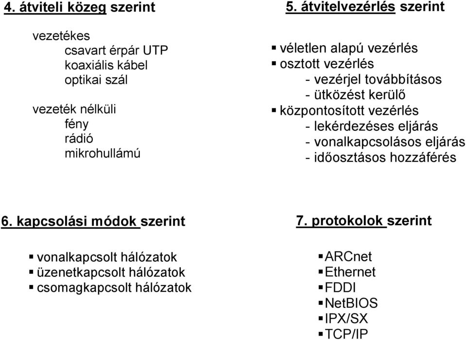 vezérlés - lekérdezéses eljárás - vonalkapcsolásos eljárás - időosztásos hozzáférés 6.