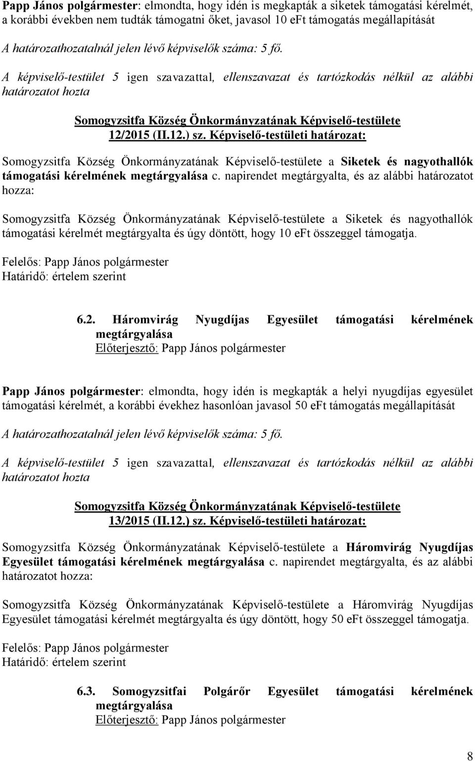 Képviselő-testületi határozat: a Siketek és nagyothallók támogatási kérelmének megtárgyalása c.