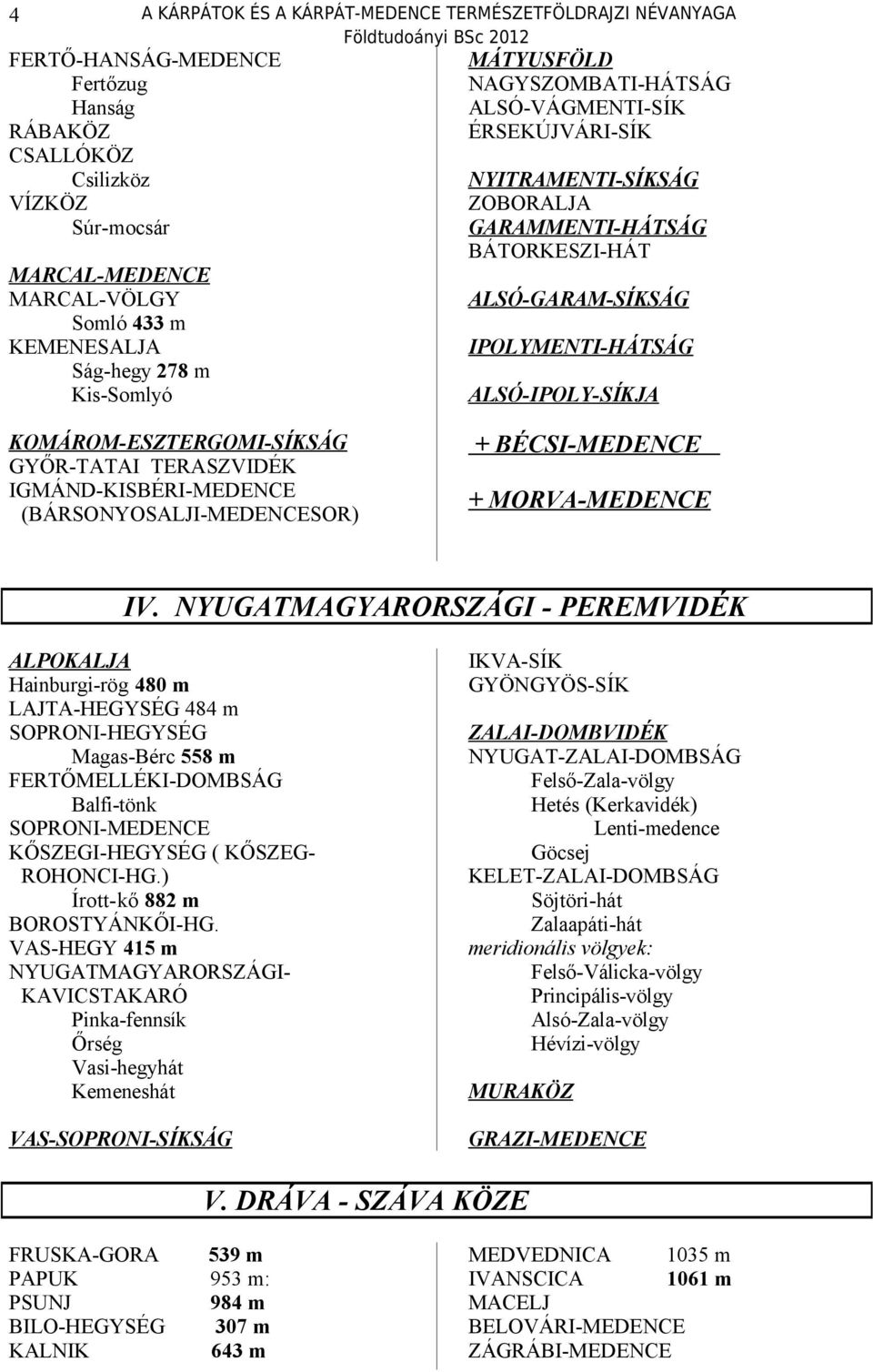 ALSÓ-IPOLY-S ÍKJA KOMÁROM-ESZTERGOMI-S ÍKSÁG GYŐR-TATAI TERASZVIDÉK IGMÁND-KISBÉRI-MEDENCE (BÁRSONYOSALJI-MEDENCESOR) + BÉCSI-MEDENCE + MORVA-MEDENCE IV.