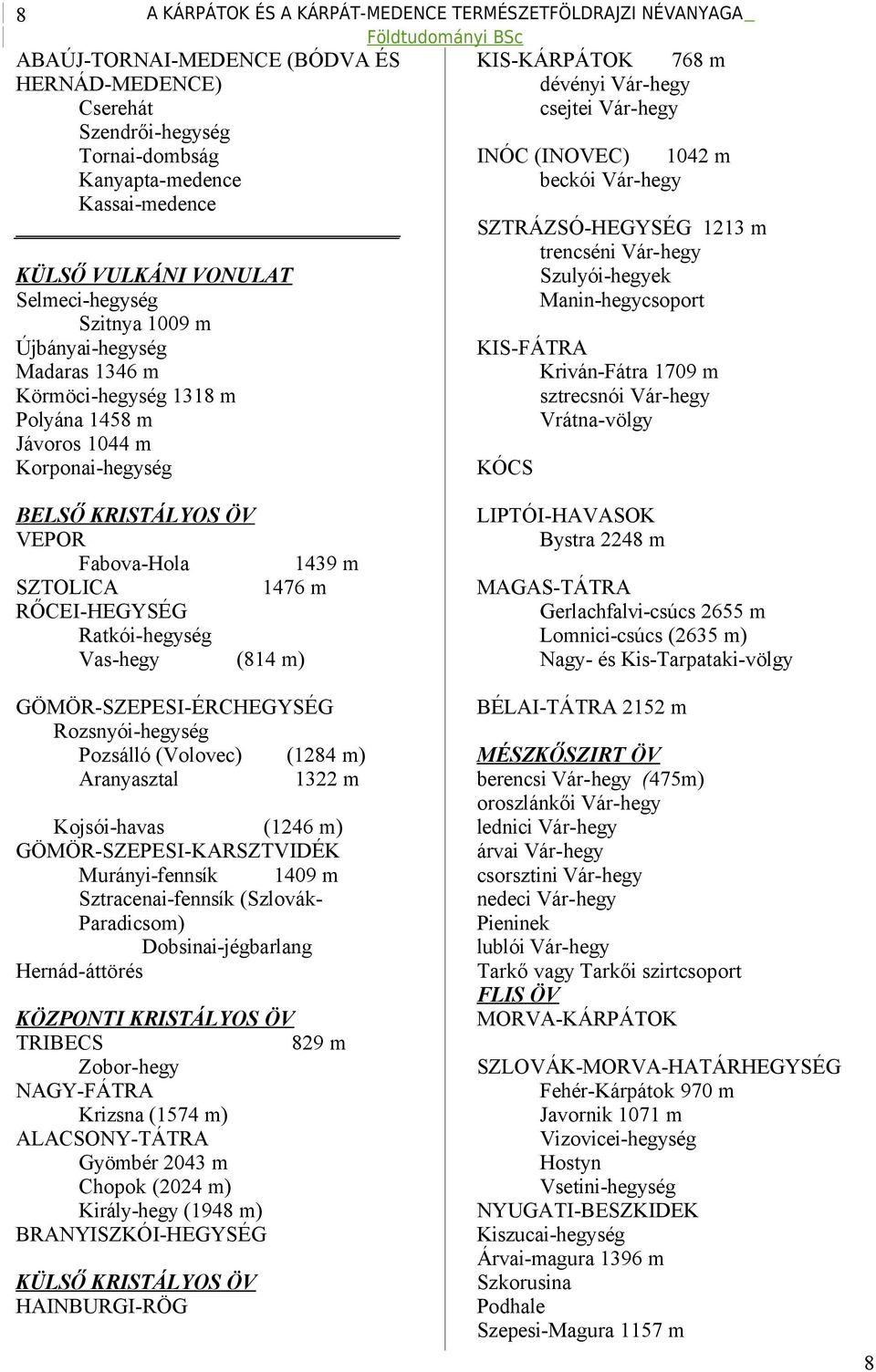 m Korponai-hegység INÓC (INOVEC) 1042 m beckói Vár-hegy SZTRÁZSÓ-HEGYSÉG 1213 m trencséni Vár-hegy Szulyói-hegyek Manin-hegycsoport KIS-FÁTRA Kriván-Fátra 1709 m sztrecsnói Vár-hegy Vrátna-völgy KÓCS