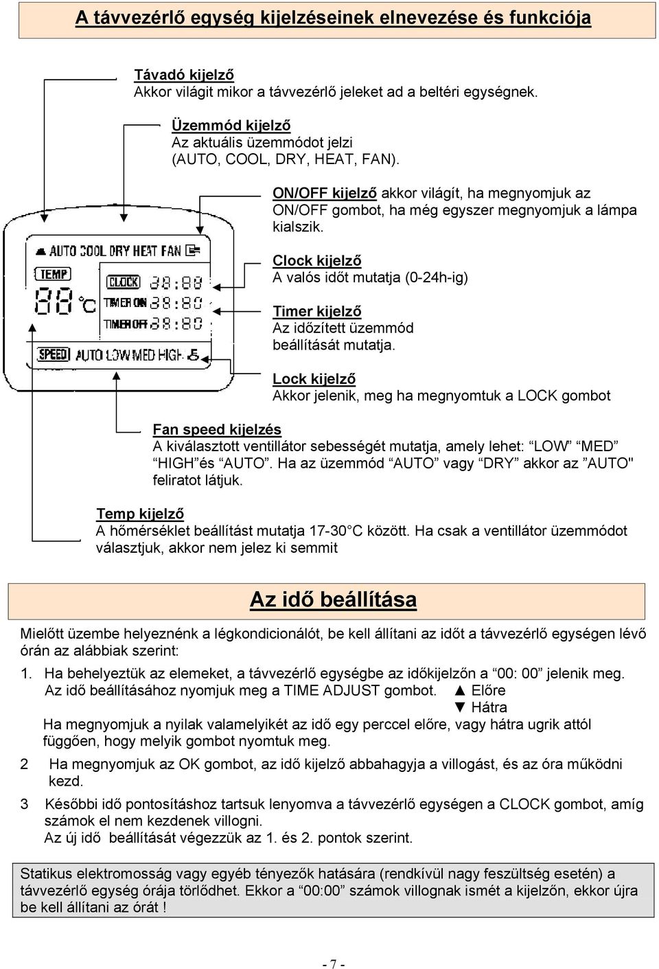 Clock kijelző A valós időt mutatja (0-24h-ig) Timer kijelző Az időzített üzemmód beállítását mutatja.