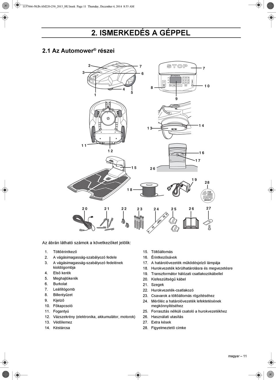 A vágásimagasság-szabályozó fedele 3. A vágásimagasság-szabályozó fedelének kioldógombja 4. Első kerék 5. Meghajtókerék 6. Burkolat 7. Leállítógomb 8. Billentyűzet 9. Kijelző 10. Főkapcsoló 11.