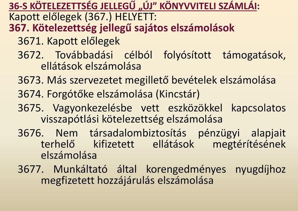 Forgótőke elszámolása (Kincstár) 3675. Vagyonkezelésbe vett eszközökkel kapcsolatos visszapótlási kötelezettség elszámolása 3676.