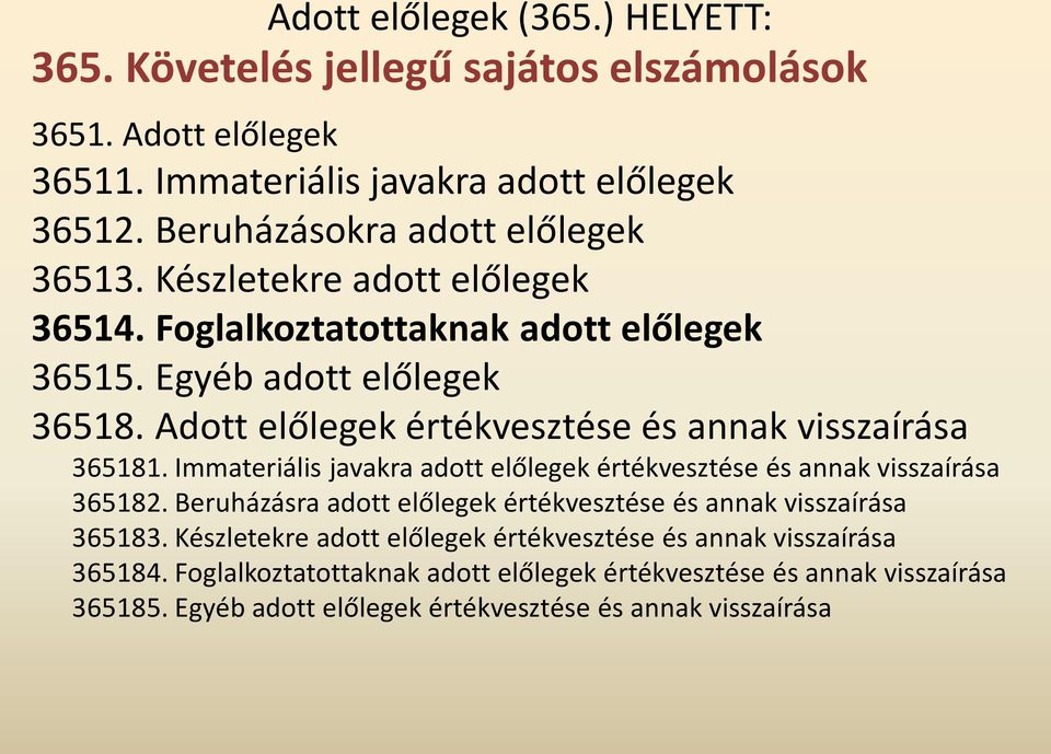 Adott előlegek értékvesztése és annak visszaírása 365181. Immateriális javakra adott előlegek értékvesztése és annak visszaírása 365182.