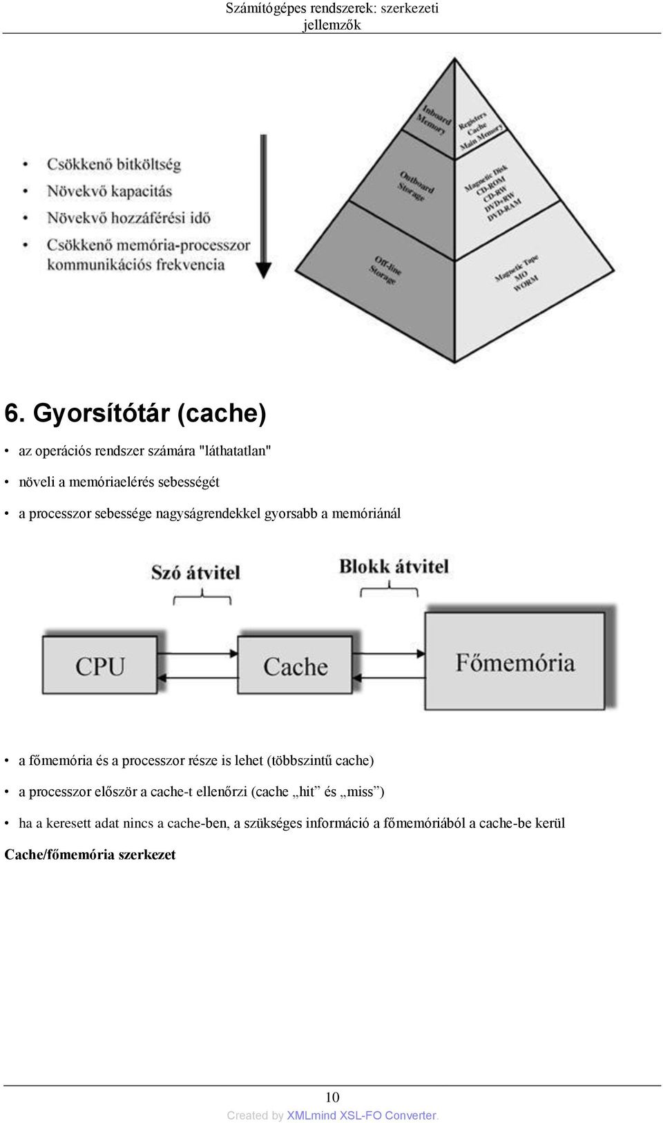 sebessége nagyságrendekkel gyorsabb a memóriánál a főmemória és a processzor része is lehet (többszintű cache) a