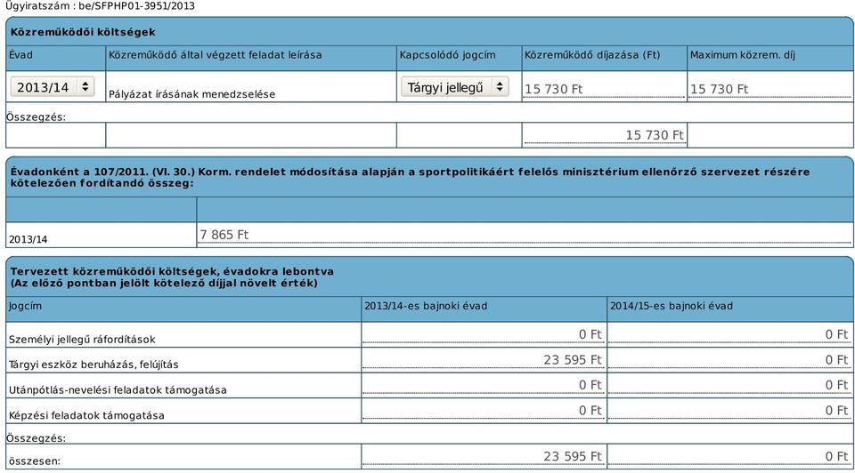 rendelet módosítása alapján a sportpolitikáért f elelős minisztérium ellenőrző szervezet részére kötelezően fordítandó összeg: 2013/14 7 865 Ft Tervezett közreműködői