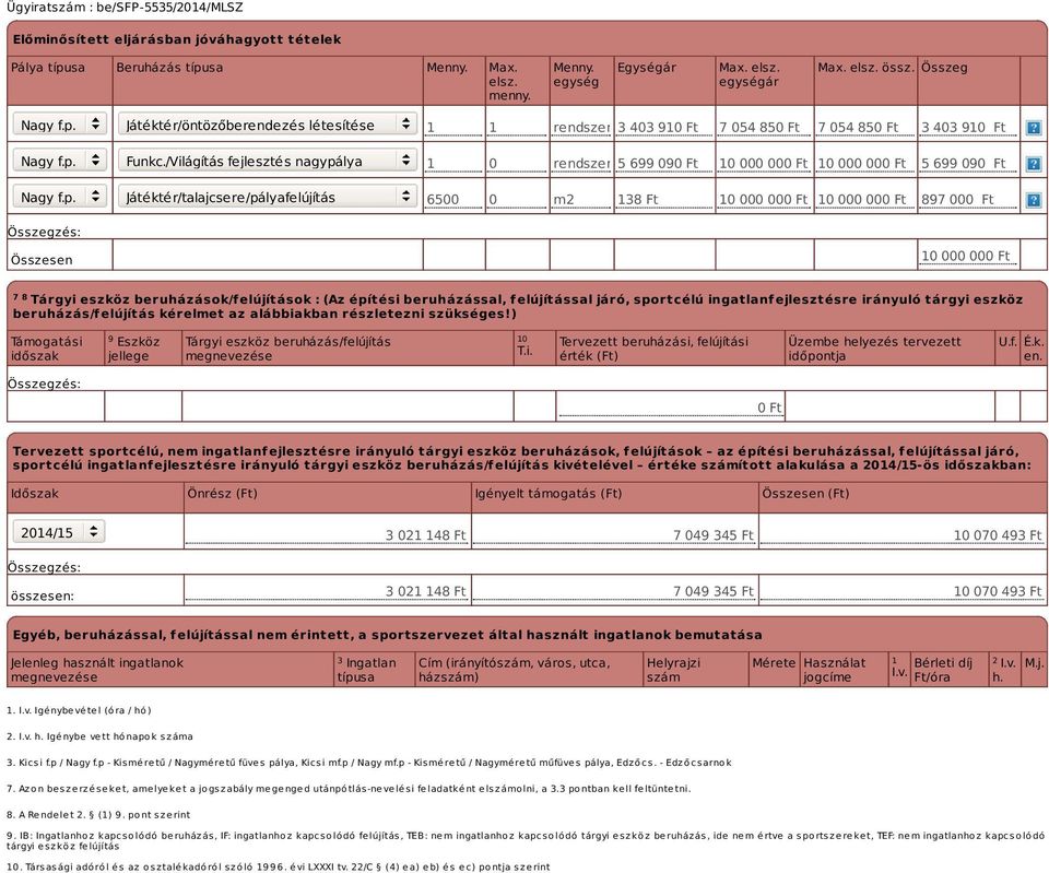 6500 0 m2 138 Ft 10 000 000 Ft 10 000 000 Ft 897 000 Ft 10 000 000 Ft 7 8 Tárgyi eszköz beruházások/f elújítások : (Az építési beruházással, f elújítással járó, sportcélú ingatlanf ejlesztésre