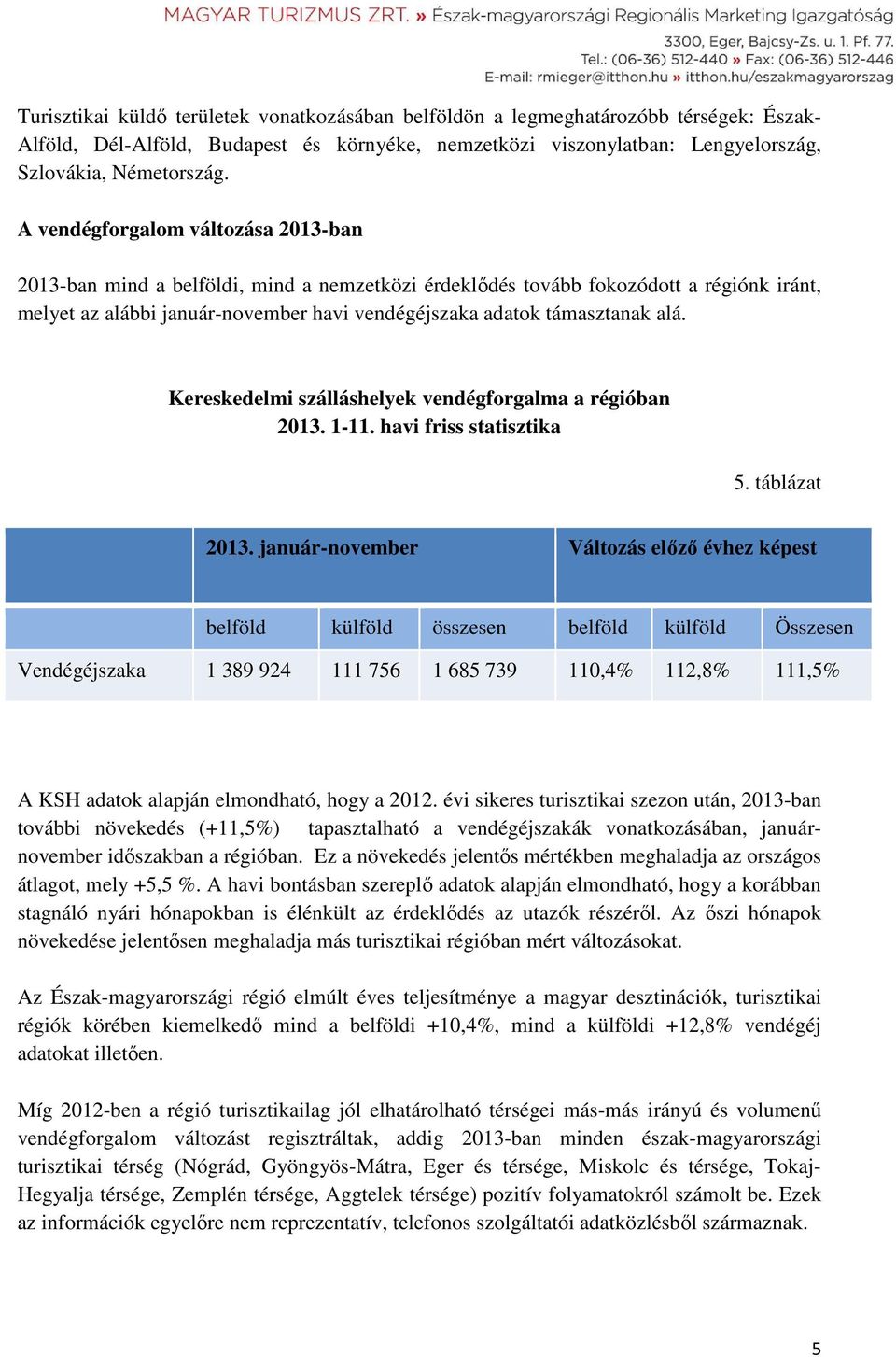 alá. Kereskedelmi szálláshelyek vendégforgalma a régióban 2013. 1-11. havi friss statisztika 5. táblázat 2013.