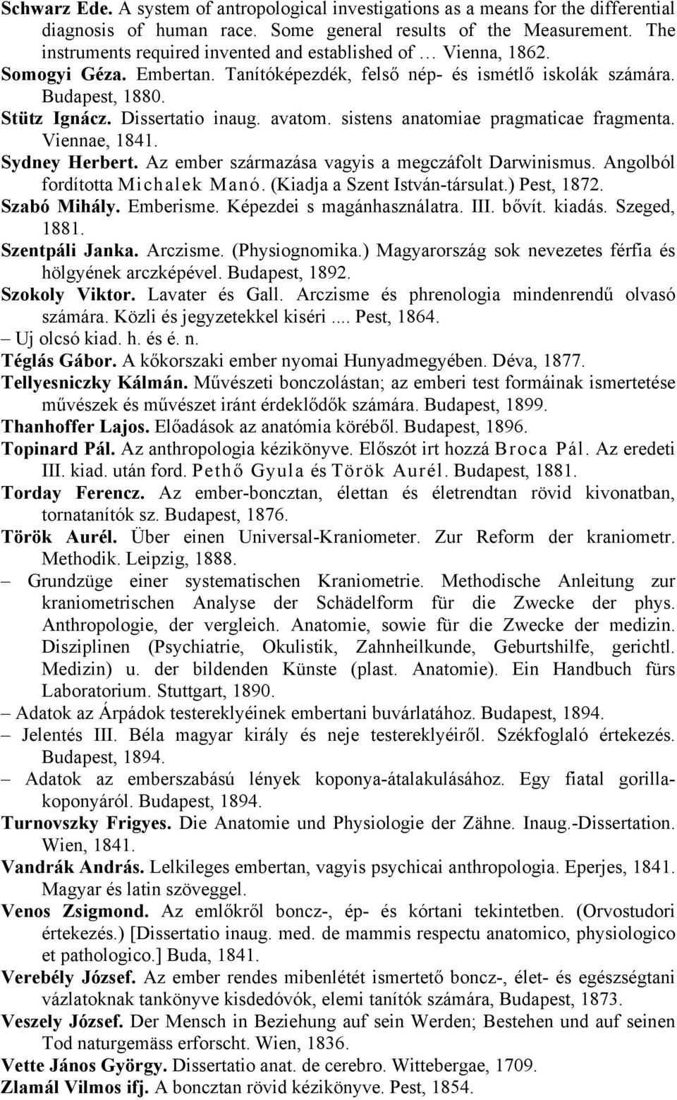 avatom. sistens anatomiae pragmaticae fragmenta. Viennae, 1841. Sydney Herbert. Az ember származása vagyis a megczáfolt Darwinismus. Angolból fordította Michalek Manó. (Kiadja a Szent István-társulat.