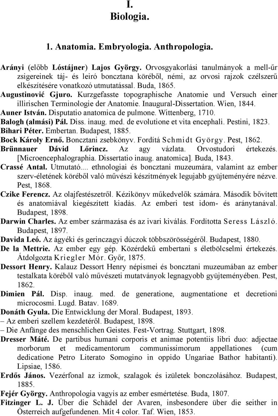 Kurzgefasste topographische Anatomie und Versuch einer illirischen Terminologie der Anatomie. Inaugural-Dissertation. Wien, 1844. Auner István. Disputatio anatomica de pulmone. Wittenberg, 1710.