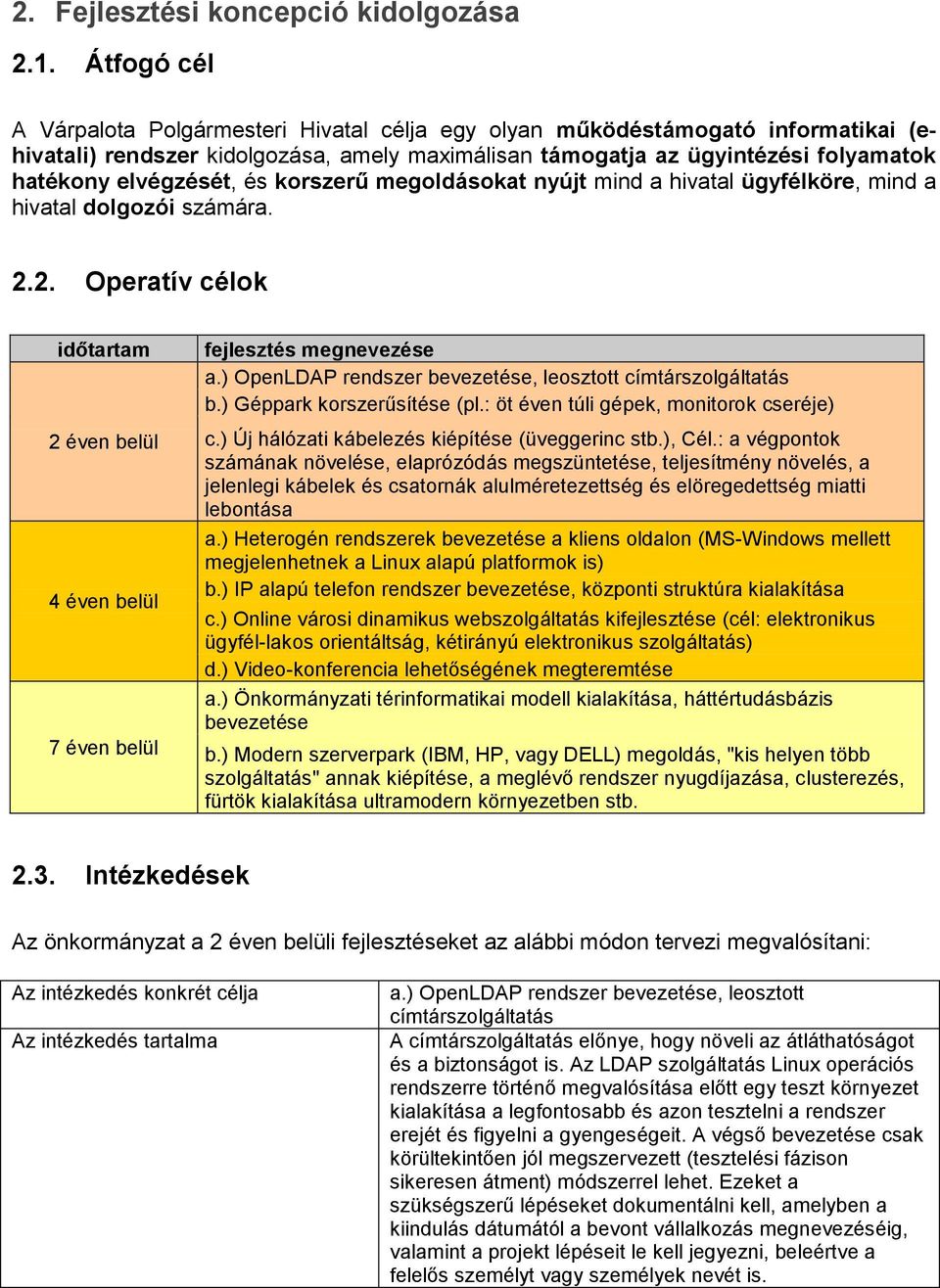 és korszerű megoldásokat nyújt mind a hivatal ügyfélköre, mind a hivatal dolgozói számára. 2.2. Operatív célok időtartam 2 éven belül 4 éven belül 7 éven belül fejlesztés megnevezése a.