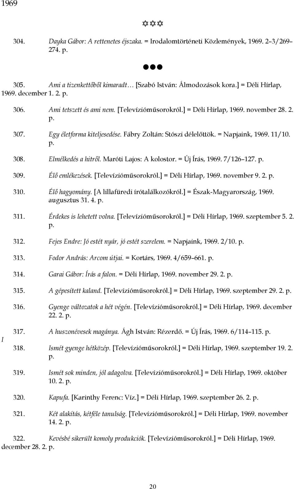 Elmélkedés a hitről. Maróti Lajos: A kolostor. = Új Írás, 1969. 7/126 127. 309. Élő emlékezések. [Televízióműsorokról.] = Déli Hírlap, 1969. november 9. 2. 310. Élő hagyomány.