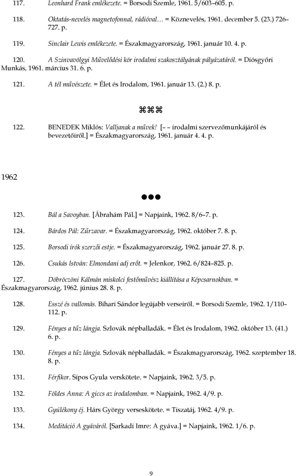 = Élet és Irodalom, 1961. január 13. (2.) 8. 122. BENEDEK Miklós: Valljanak a művek! [ irodalmi szervezőmunkájáról és bevezetőiről.] = Északmagyarország, 1961. január 4. 4. 1962 123. Bál a Savoyban.