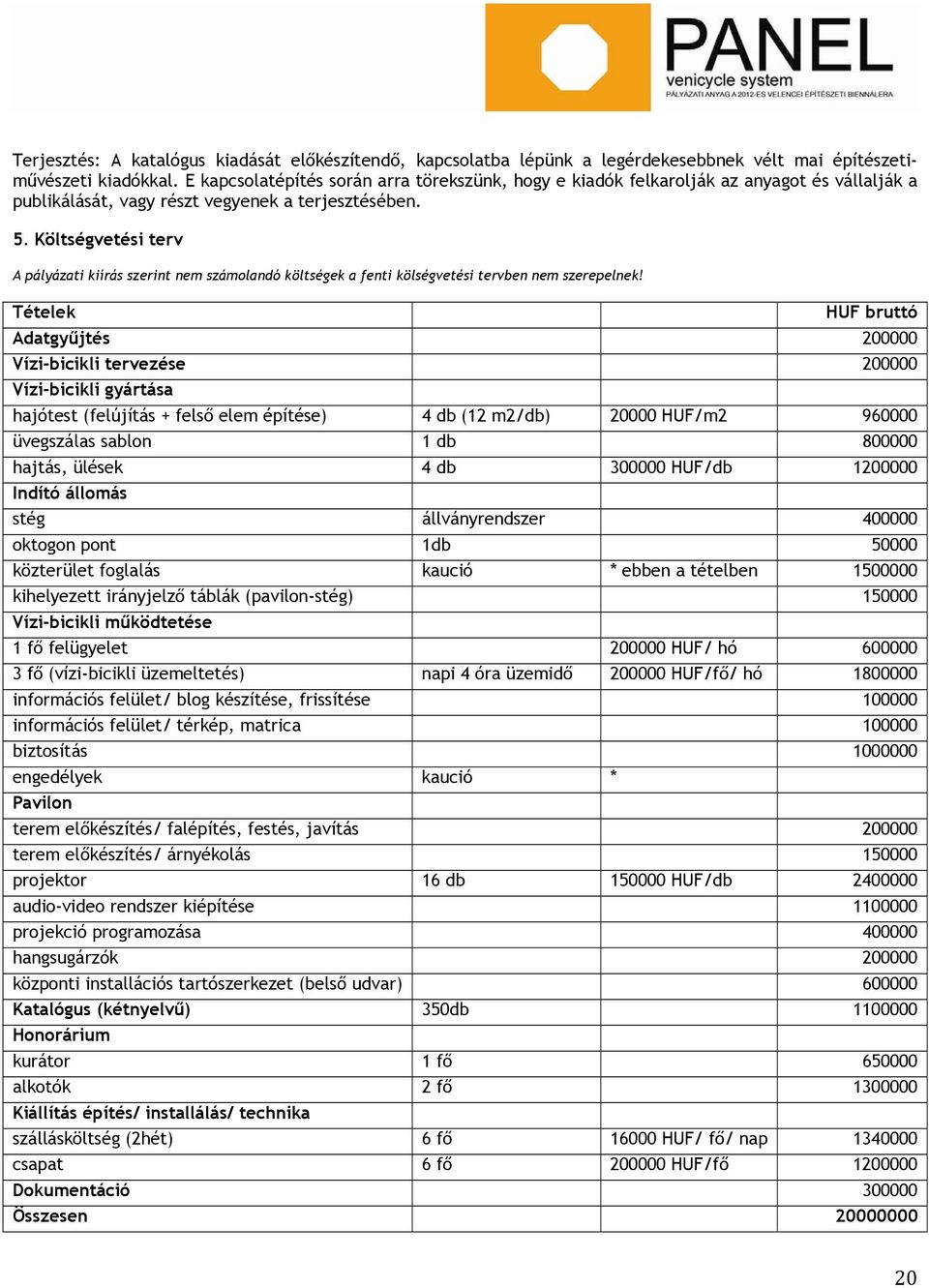 Költségvetési terv A pályázati kiírás szerint nem számolandó költségek a fenti kölségvetési tervben nem szerepelnek!