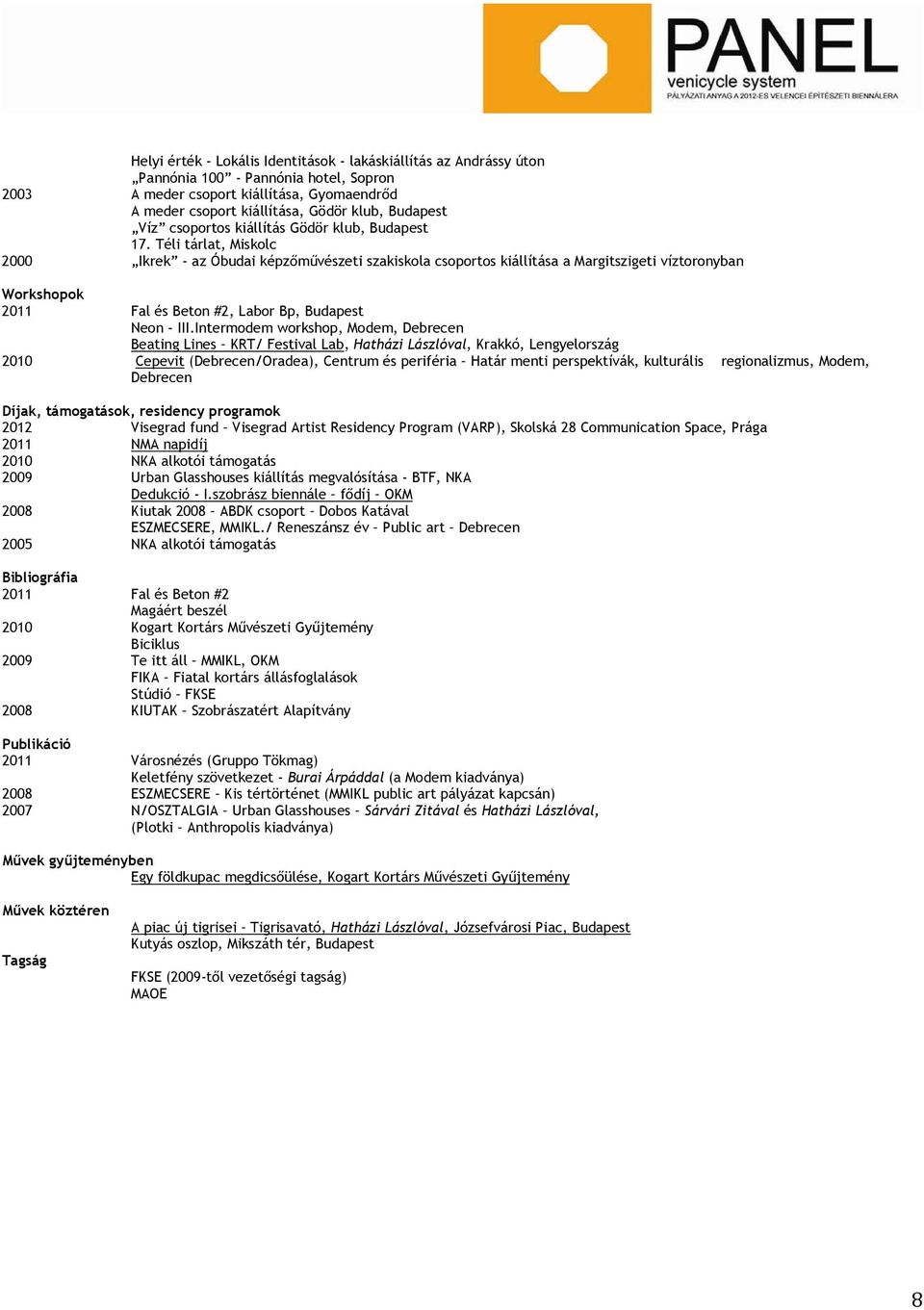 Téli tárlat, Miskolc 2000 Ikrek - az Óbudai képzőművészeti szakiskola csoportos kiállítása a Margitszigeti víztoronyban Workshopok 2011 Fal és Beton #2, Labor Bp, Budapest Neon - III.