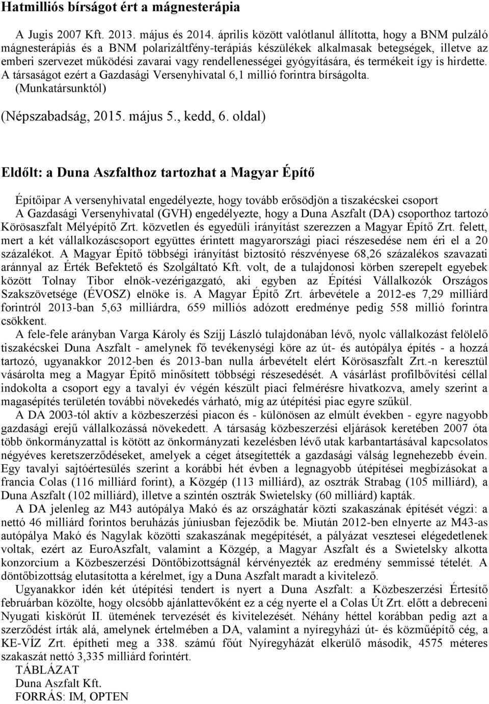 rendellenességei gyógyítására, és termékeit így is hirdette. A társaságot ezért a Gazdasági Versenyhivatal 6,1 millió forintra bírságolta. (Munkatársunktól) (Népszabadság, 2015. május 5., kedd, 6.