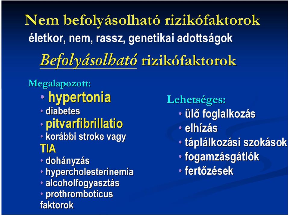 TIA dohányz nyzás hypercholesterin inemia alcoholfogyaszt fogyasztás prothromboticus faktor