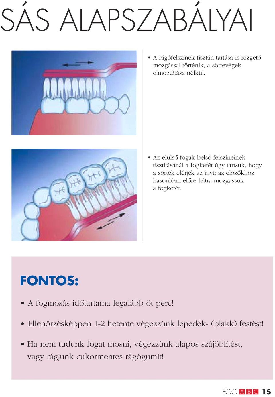 hasonlóan elôre-hátra mozgassuk a fogkefét. FONTOS: A fogmosás idôtartama legalább öt perc!