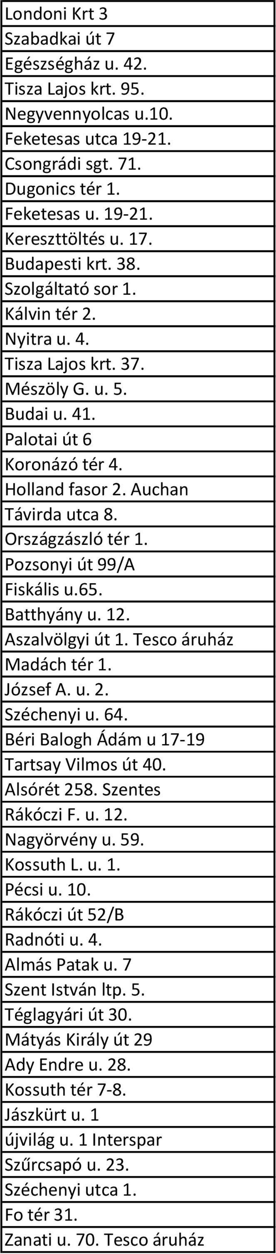 Országzászló tér 1. Pozsonyi út 99/A Fiskális u.65. Batthyány u. 12. Aszalvölgyi út 1. Tesco áruház Madách tér 1. József A. u. 2. Széchenyi u. 64. Béri Balogh Ádám u 17-19 Tartsay Vilmos út 40.