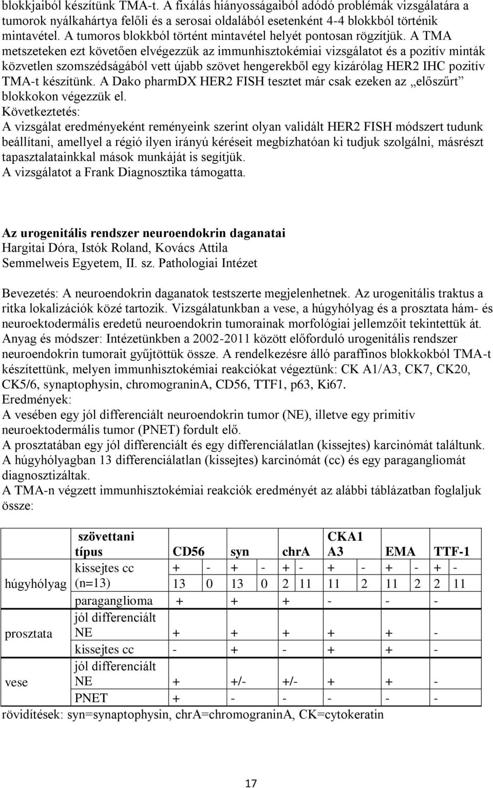 A TMA metszeteken ezt követően elvégezzük az immunhisztokémiai vizsgálatot és a pozitív minták közvetlen szomszédságából vett újabb szövet hengerekből egy kizárólag HER2 IHC pozitív TMA-t készítünk.