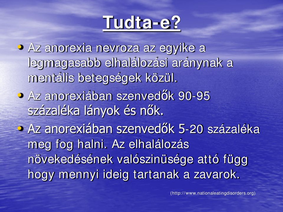 betegségek közül. Az anorexiában szenvedők 90-95 százaléka lányok és nők.