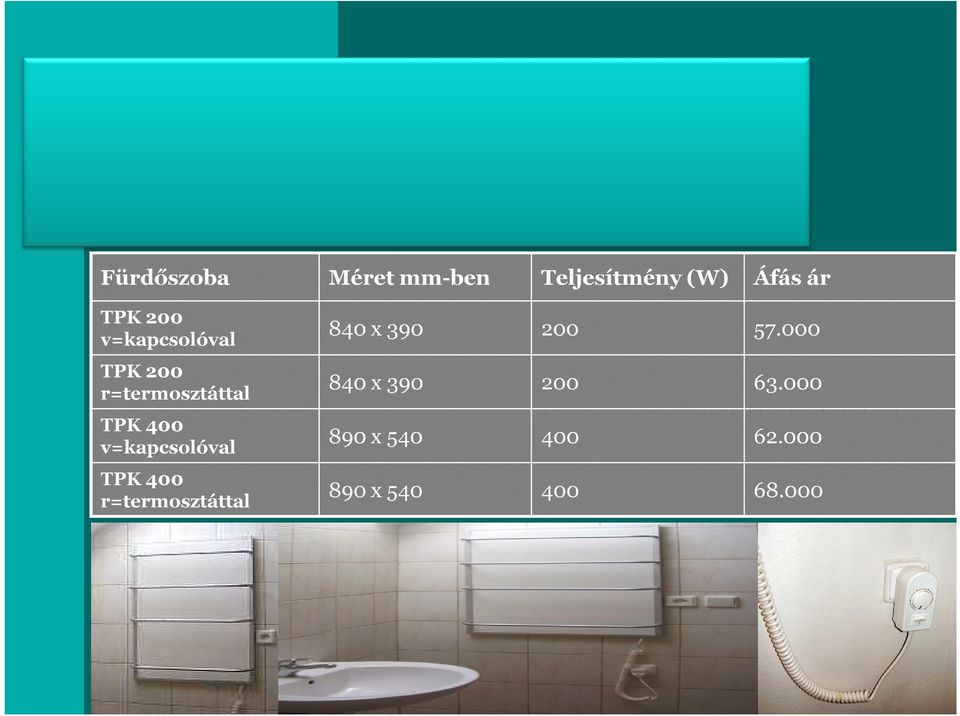 v=kapcsolóval TPK 400 r=termosztáttal 840 x 390 200 57.