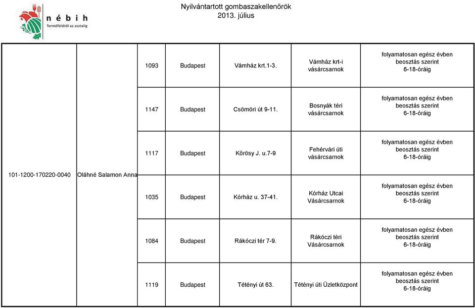 7-9 Fehérvári úti 101-1200-170220-0040 Oláhné Salamon Anna 1035 Budapest