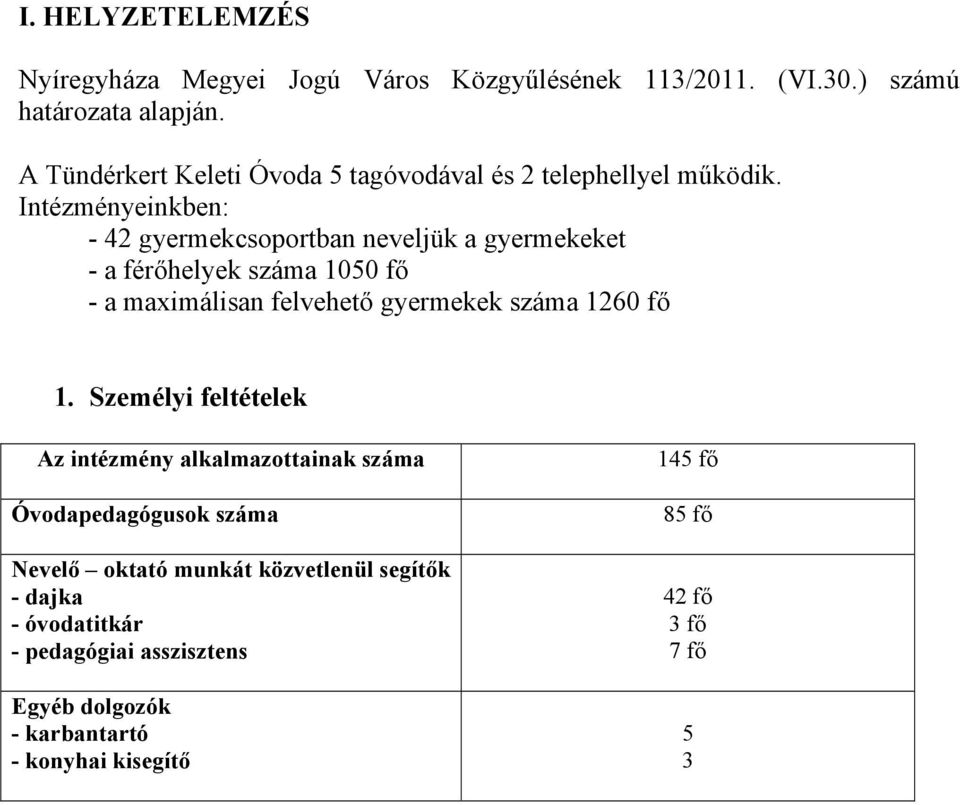 Intézményeinkben: - 42 gyermekcsoportban neveljük a gyermekeket - a férőhelyek száma 1050 fő - a maximálisan felvehető gyermekek száma 1260