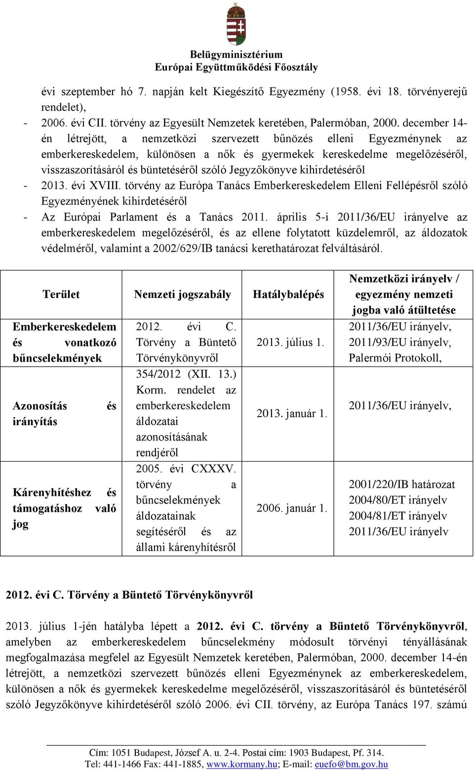 Jegyzőkönyve kihirdetéséről - 2013. évi XVIII. törvény az Európa Tanács Emberkereskedelem Elleni Fellépésről szóló Egyezményének kihirdetéséről - Az Európai Parlament és a Tanács 2011.