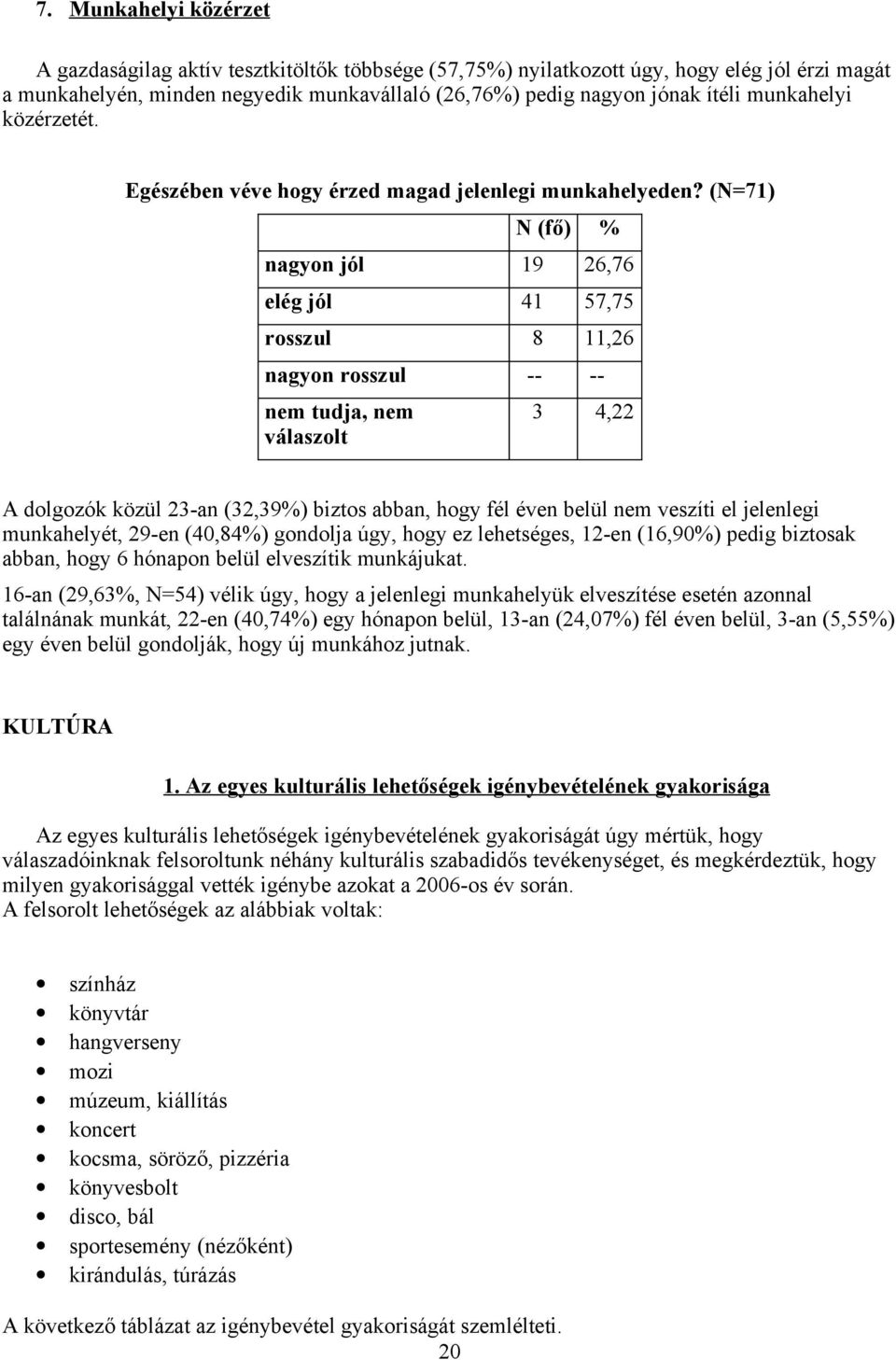 (N=71) N (fő) % nagyon jól 19 26,76 elég jól 41 57,75 rosszul 8 11,26 nagyon rosszul -- -- nem tudja, nem válaszolt 3 4,22 A dolgozók közül 23-an (32,39%) biztos abban, hogy fél éven belül nem