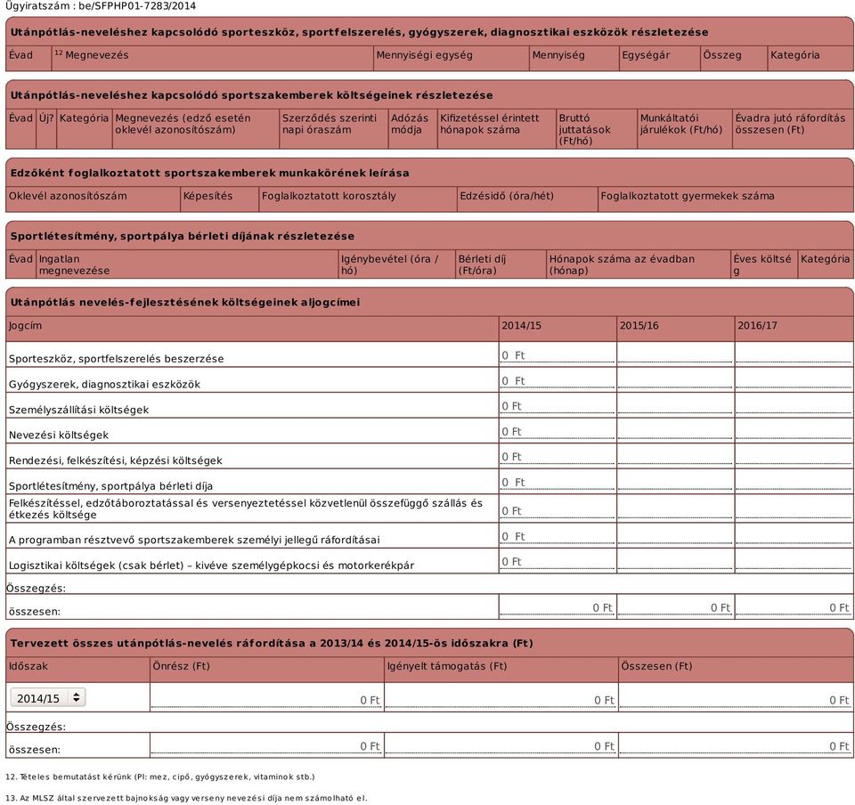 Kategória Megnevezés (edző esetén oklevél azonosítószám) Szerződés szerinti napi óraszám Adózás módja Kifizetéssel érintett hónapok száma Bruttó juttatások (Ft/hó) Munkáltatói járulékok (Ft/hó)