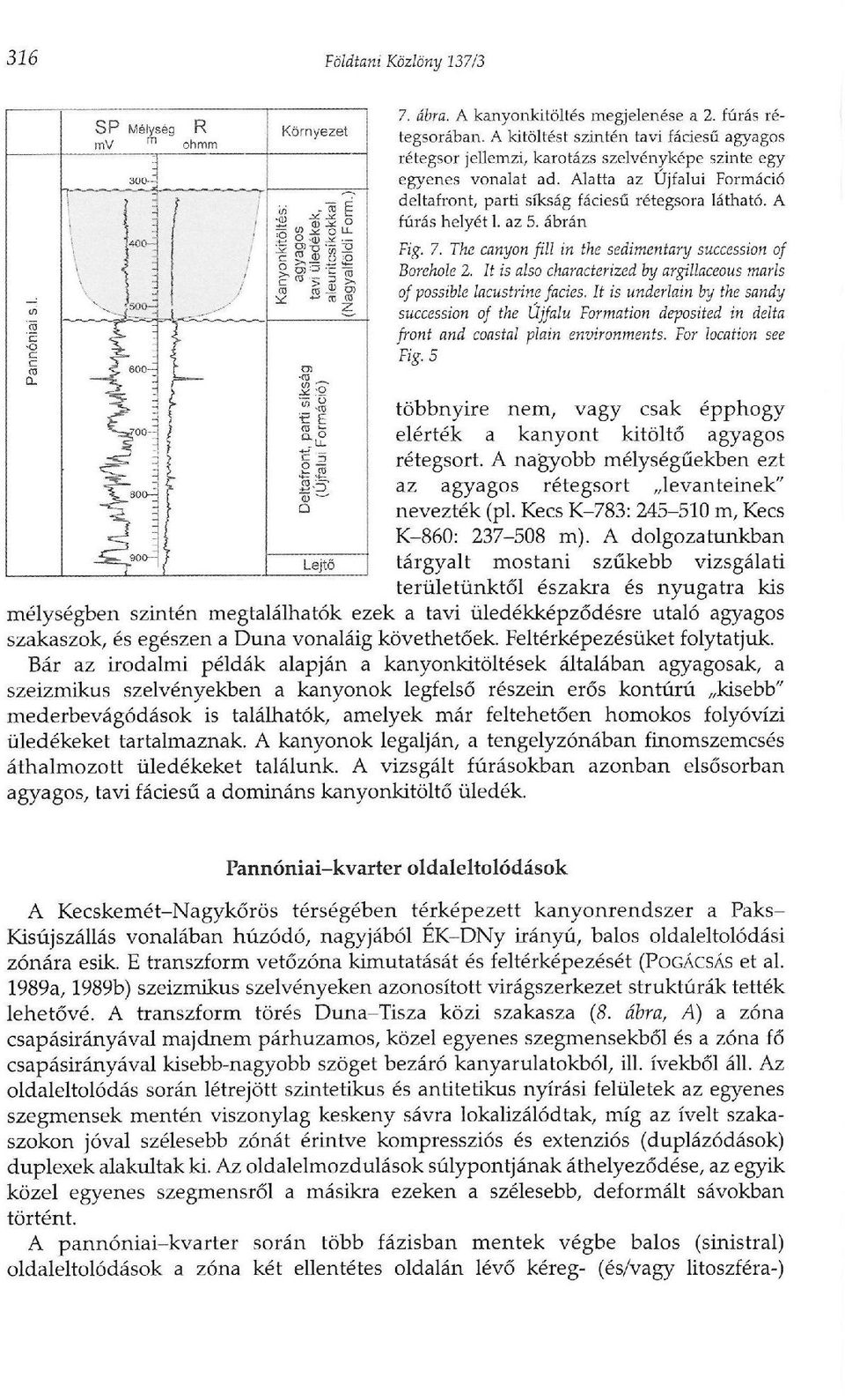 Alatta az Újfalui Formáció deltafront, parti síkság fáciesű rétegsora látható. A fúrás helyét 1. az 5. ábrán Fig. 7. The canyon fül in the sedimentary succession of Borehole 2.