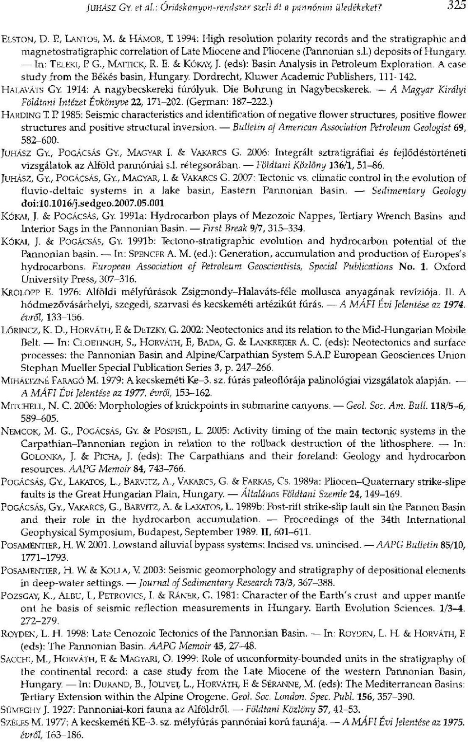 , MATTICK, R. E. & KÓKAY, J. (eds): Basin Analysis in Petroleum Exploration. A case study from the Békés basin, Hungary. Dordrecht, Kluwer Academic Publishers, 111-142. HALAVÁTS GY.