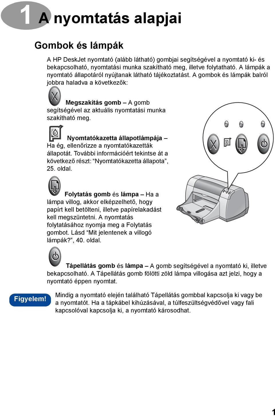 A gombok és lámpák balról jobbra haladva a következők: Megszakítás gomb A gomb segítségével az aktuális nyomtatási munka szakítható meg.