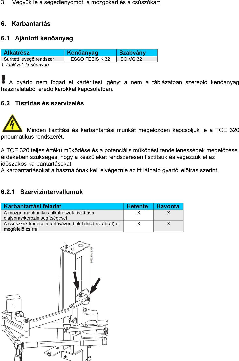 2 Tisztítás és szervizelés Minden tisztítási és karbantartási munkát megelőzően kapcsoljuk le a TCE 320 pneumatikus rendszerét.